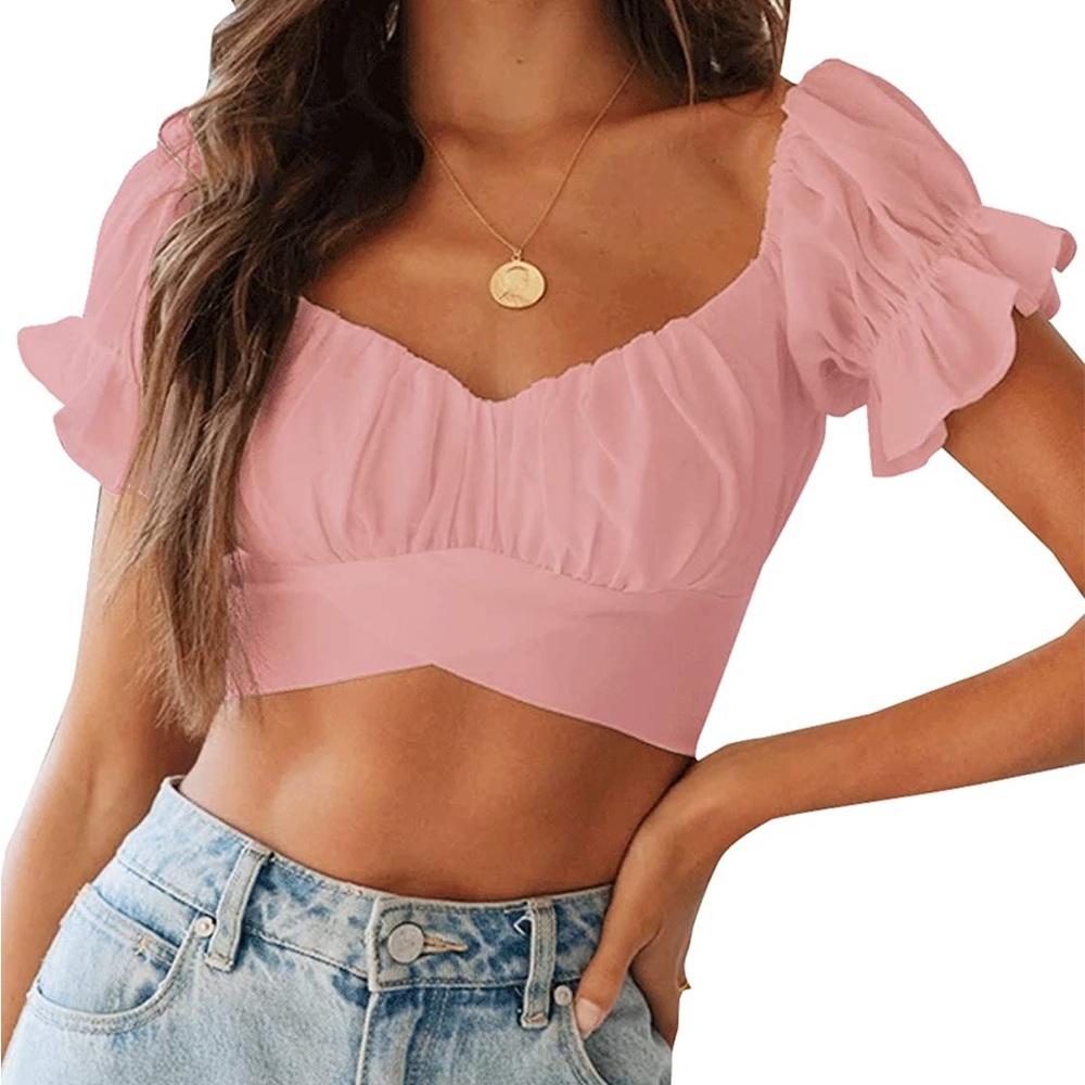 LYANER Ruffle Short Sleeve Tie Up Back Crop Top Off Shoulder Bardot Blouse